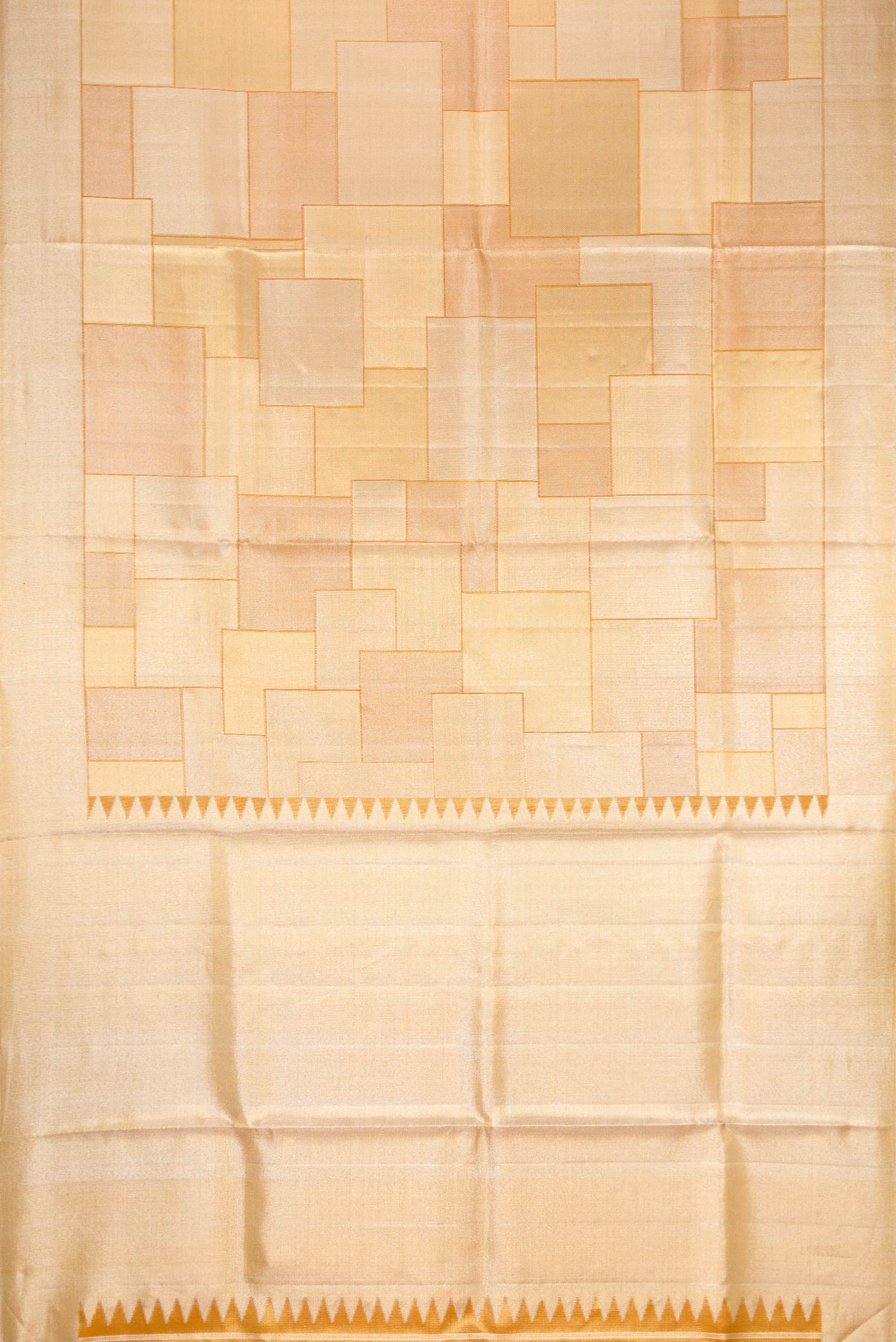Flat view of Gold Dual Tone Kanchipuram Silk Saree with Zari Brocade on the body and Zari Border