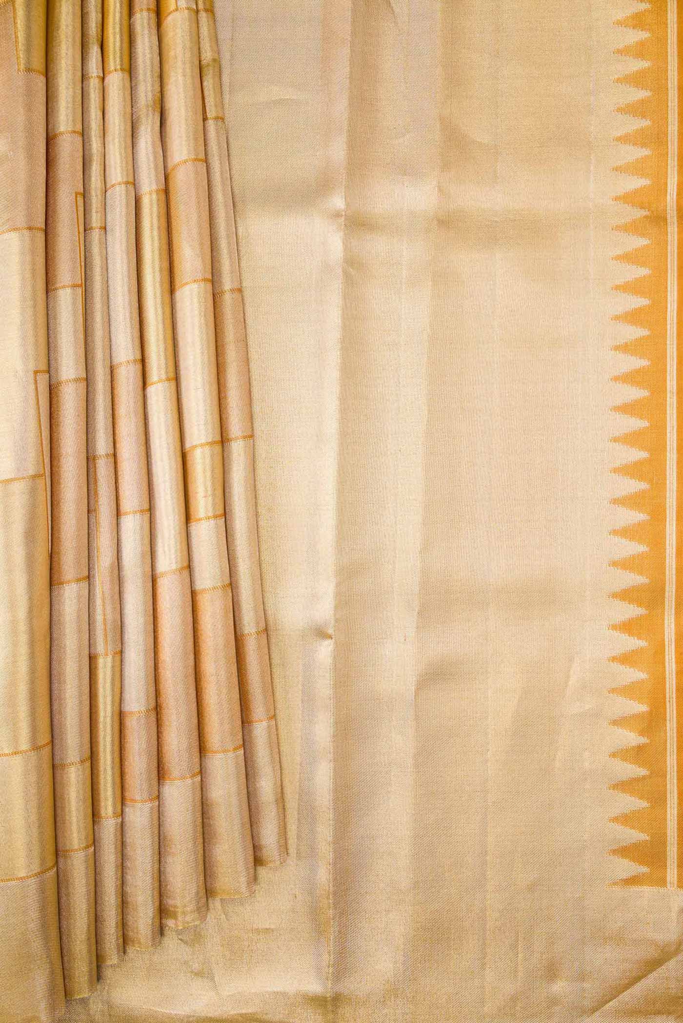 Pleats and pallu of Gold Dual Tone Kanchipuram Silk Saree with Zari Brocade on the body and Zari Border