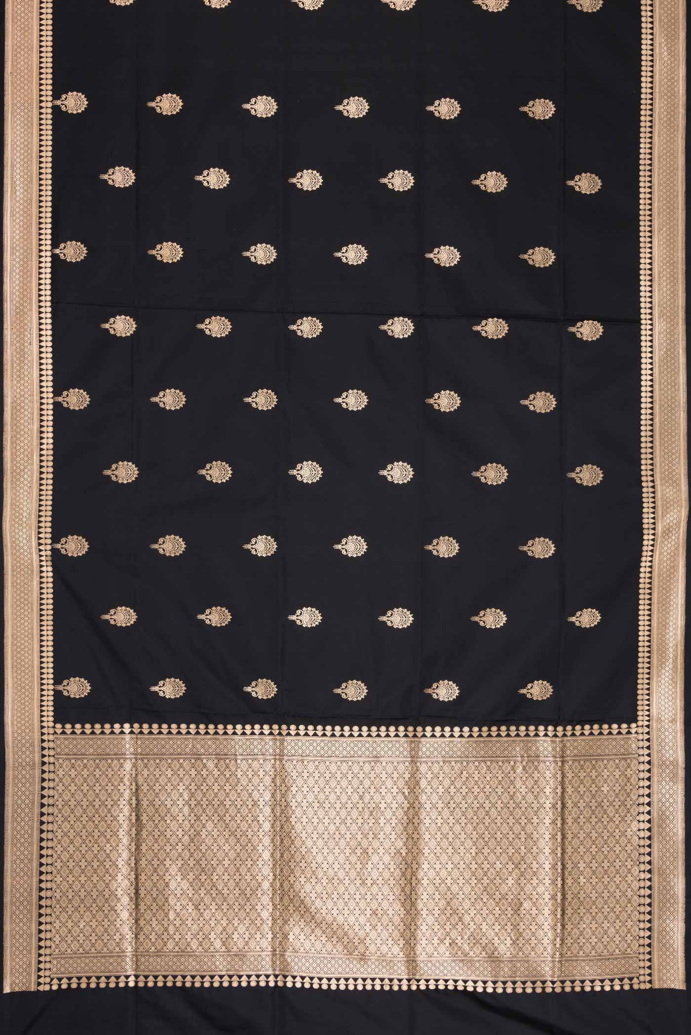 Flat view of Black Banarasi Silk Saree with Zari Butta on the body and Zari Border
