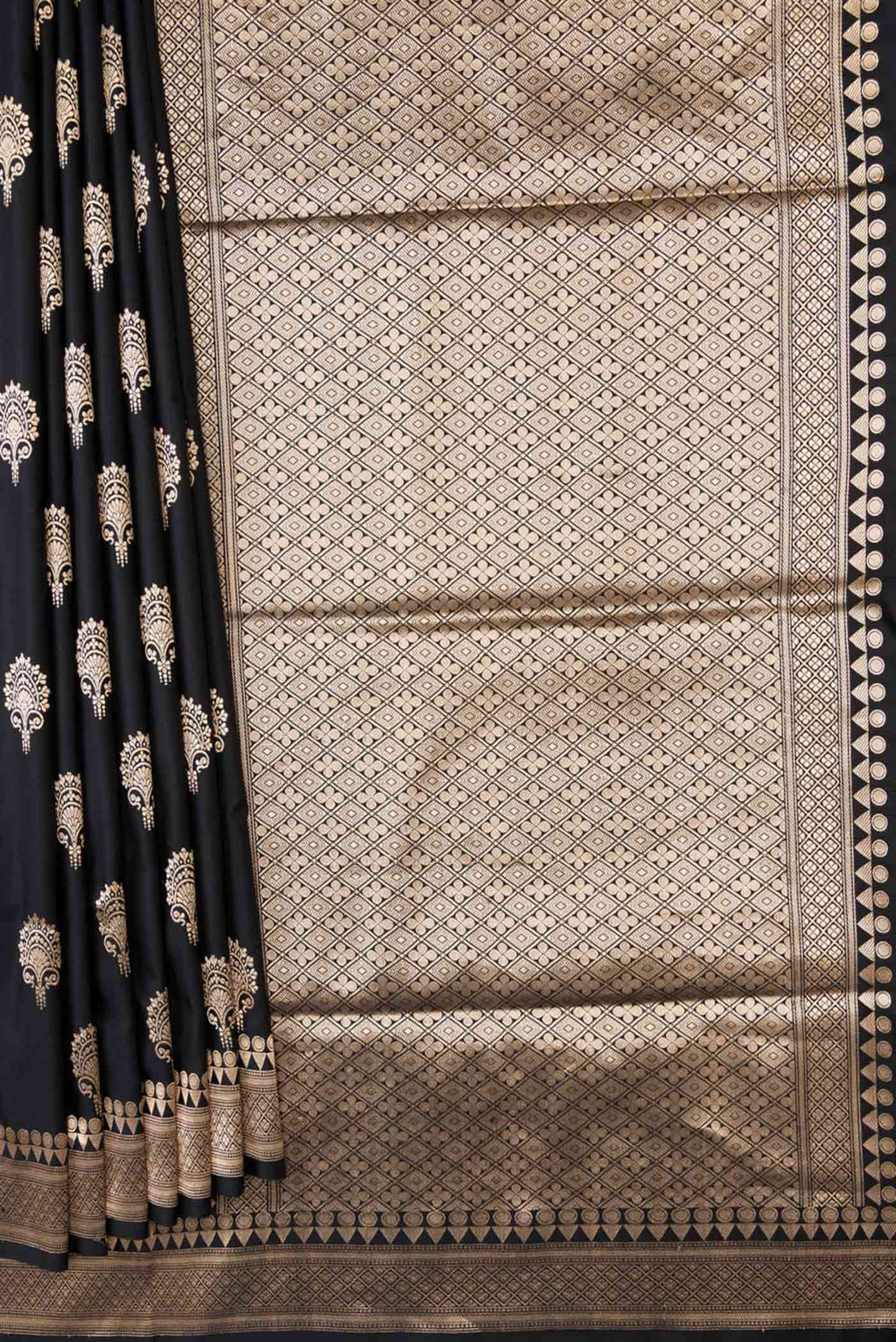 Pleats and pallu of Black Banarasi Silk Saree with Zari Butta on the body and Zari Border