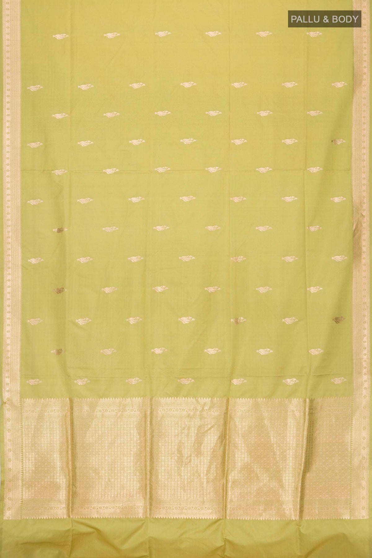 Flat view of Green Banarasi Silk Saree with Zari Butta on the body and Zari Border