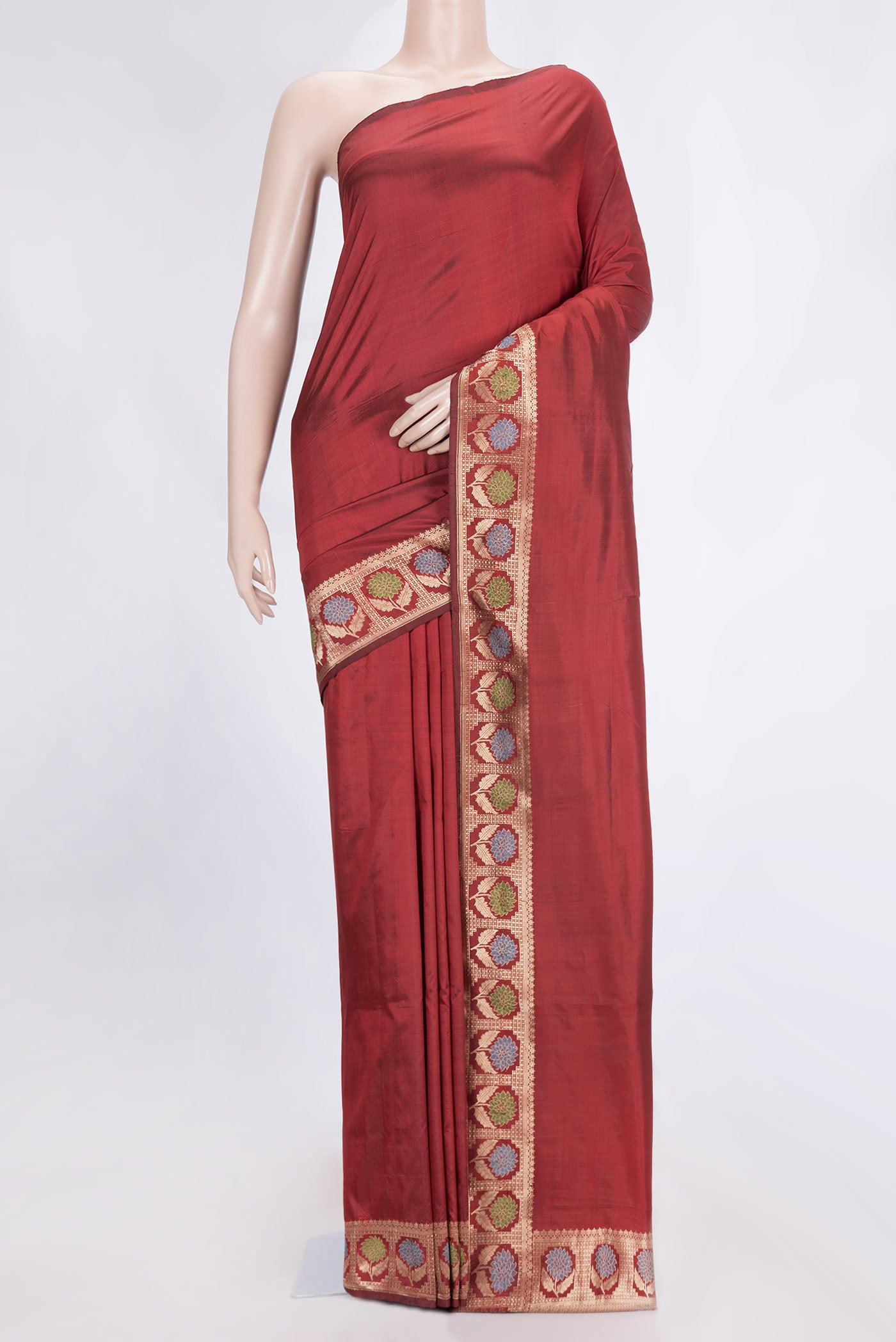Maroon Dual Tone Banarasi Silk Saree with Plain Body and Zari And Thread Border.  displayed on a mannequin