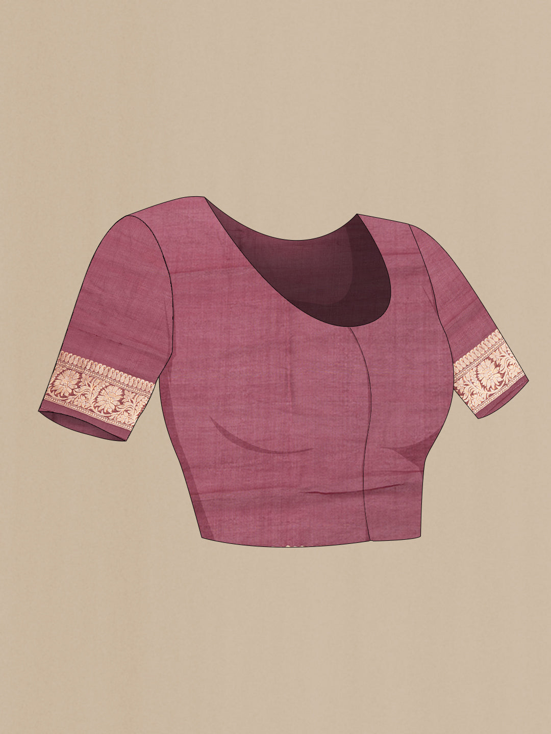 Close up image of the blouse of Maroon Dual Tone Organza Silk Saree with Zari Butta on the body and Thin Zari Line. 