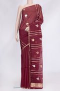 Maroon Dual Tone Organza Silk Saree with Zari Butta on the body and Thin Zari Line.  displayed on a mannequin