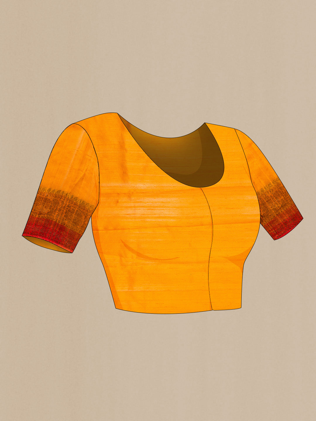 Close up image of the blouse of Mustard Banarasi Tussar Silk Saree with Zari Butta on the body and Zari Border