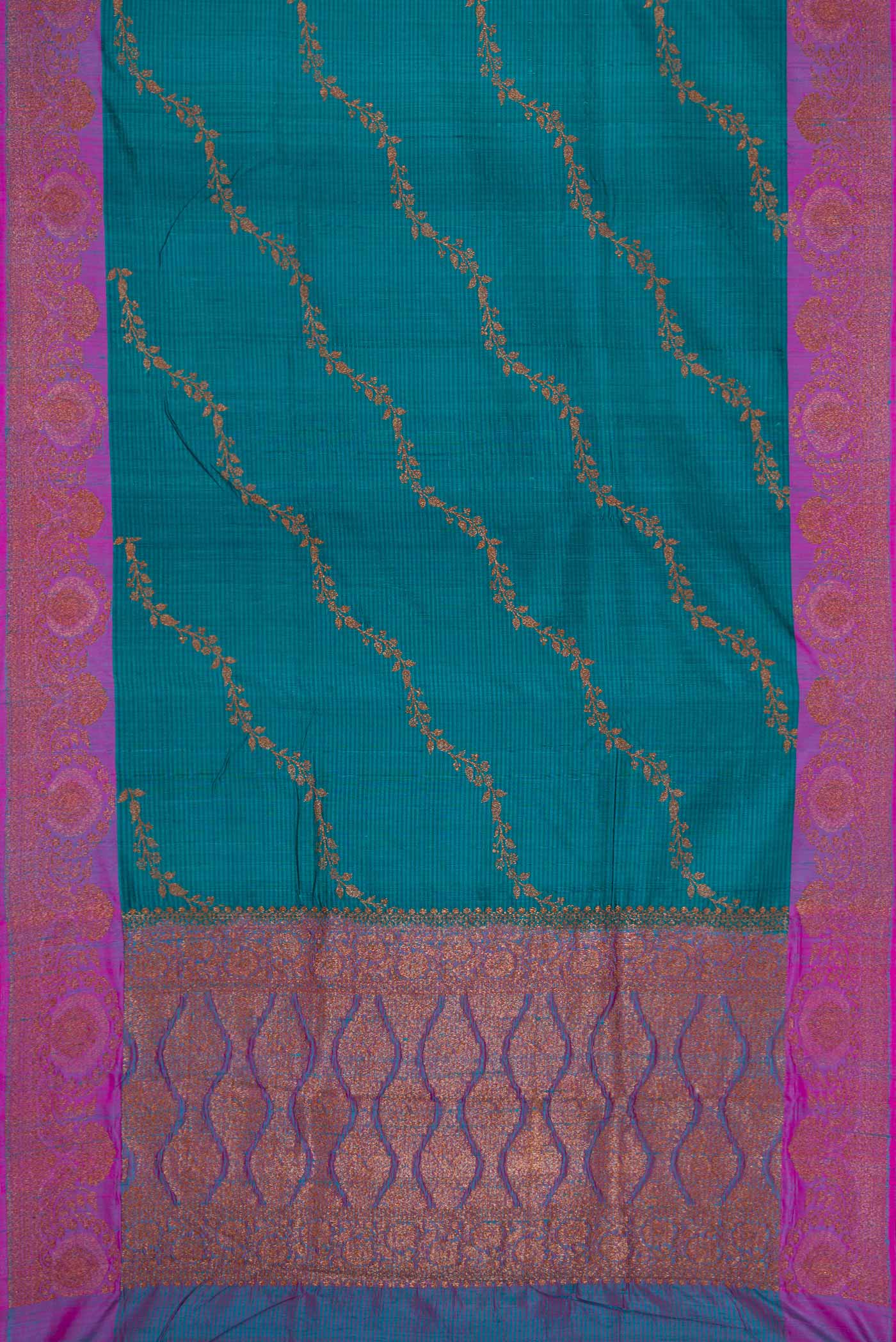 Flat view of Maya Blue Banarasi Tussar Silk Saree with Zari Butta on the body and Zari Border