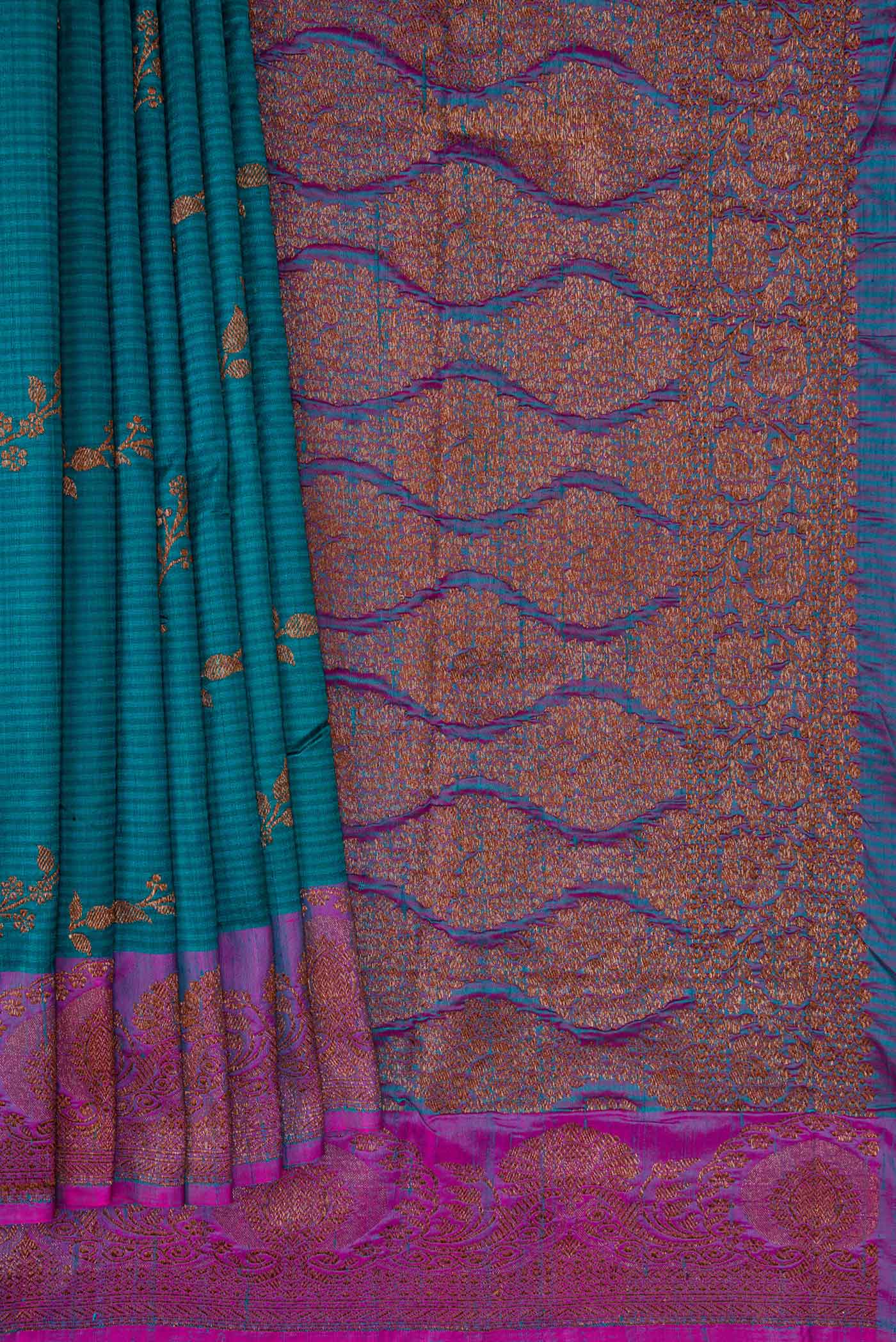 Pleats and pallu of Maya Blue Banarasi Tussar Silk Saree with Zari Butta on the body and Zari Border