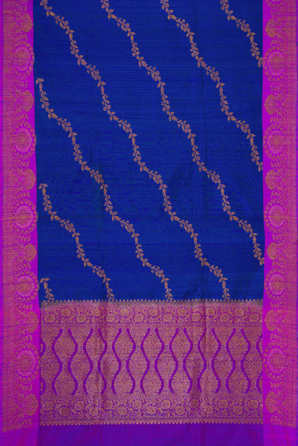 Flat view of Royal Blue Banarasi Tussar Silk Saree with Zari Butta on the body and Zari Border