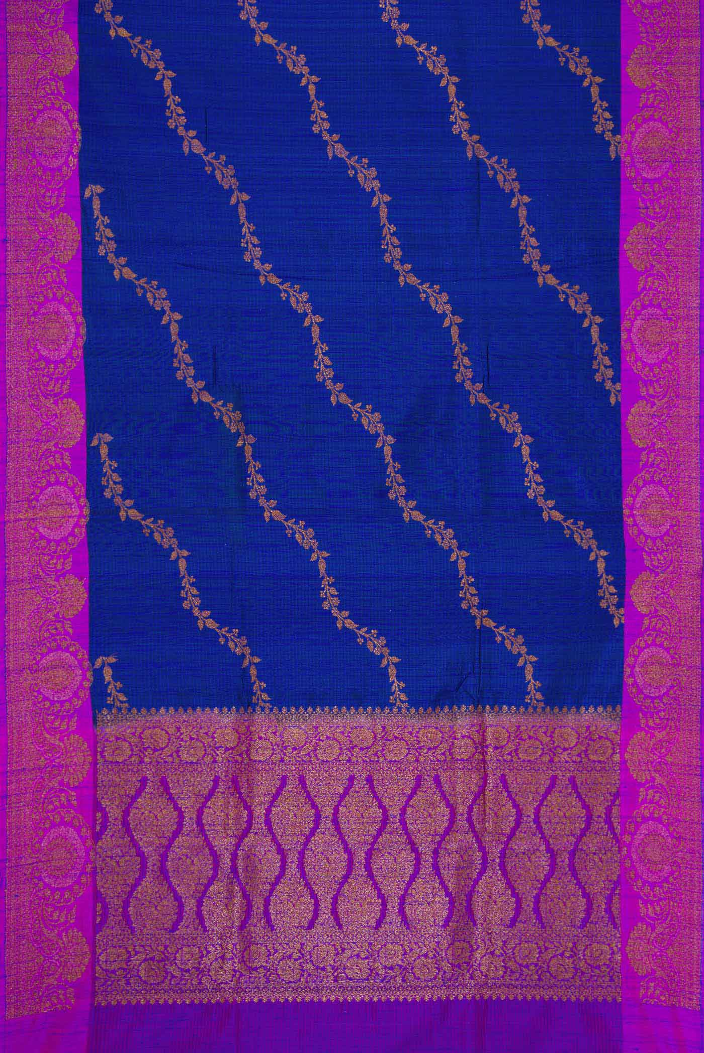 Flat view of Royal Blue Banarasi Tussar Silk Saree with Zari Butta on the body and Zari Border