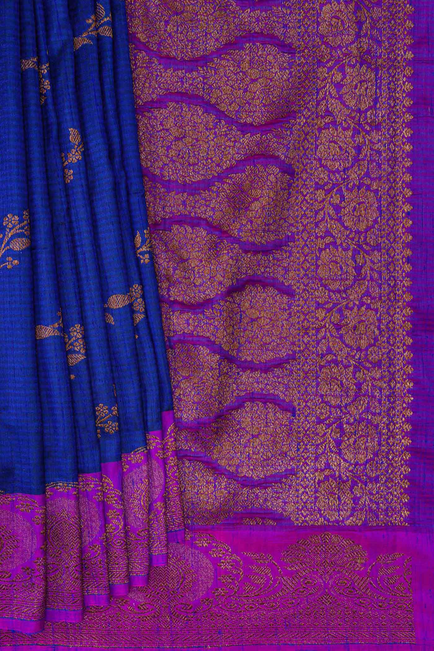 Pleats and pallu of Royal Blue Banarasi Tussar Silk Saree with Zari Butta on the body and Zari Border
