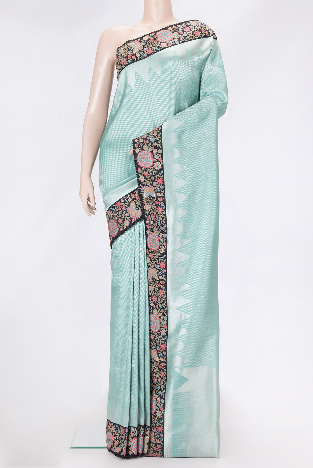 Sky Blue Dual Tone Banarasi Silk Saree with Zari Brocade on the body and Embroidery Border.  displayed on a mannequin