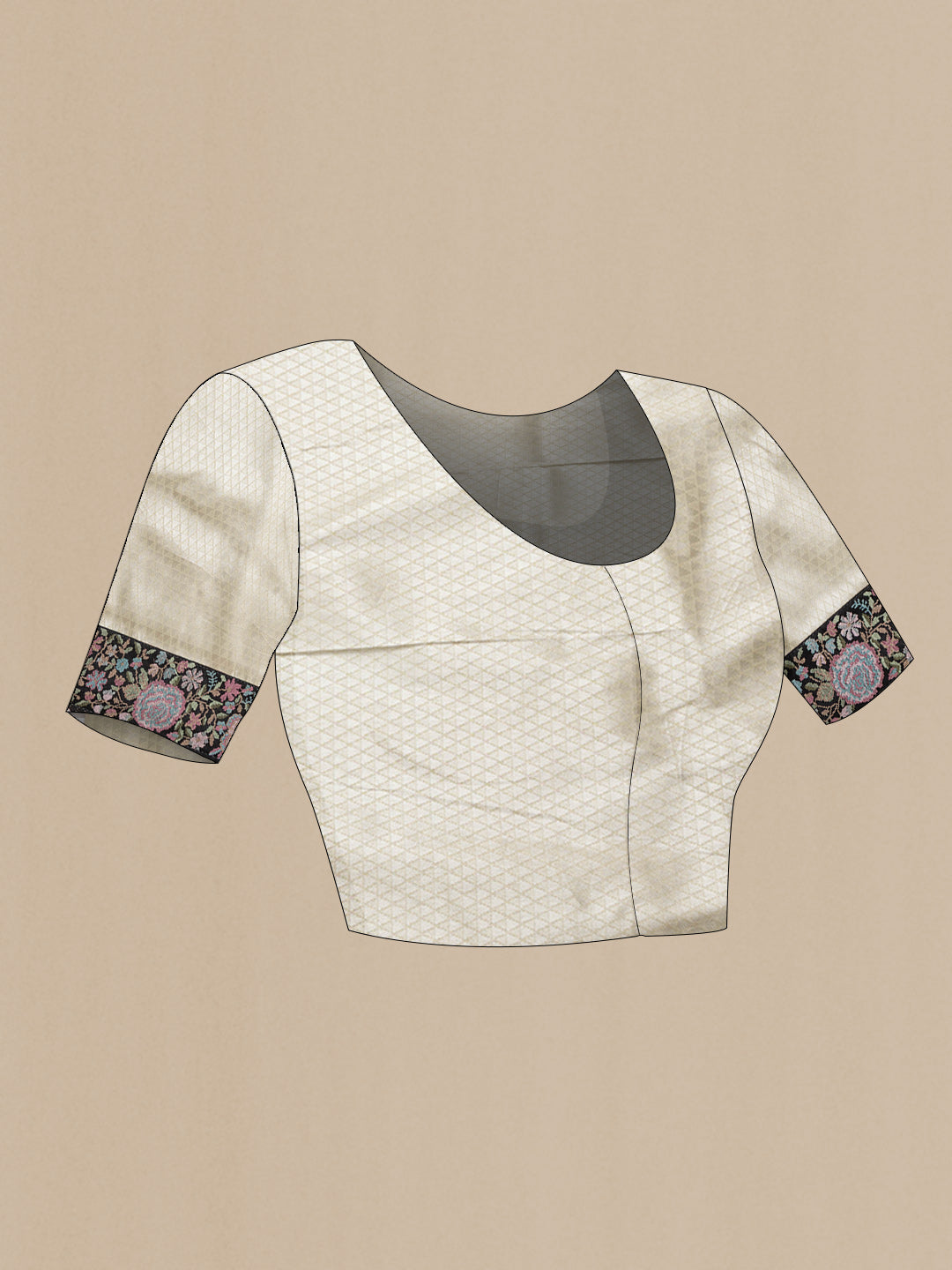 Close up image of the blouse of Beige Dual Tone Banarasi Silk Saree with Zari Brocade on the body and Embroidery Border. 
