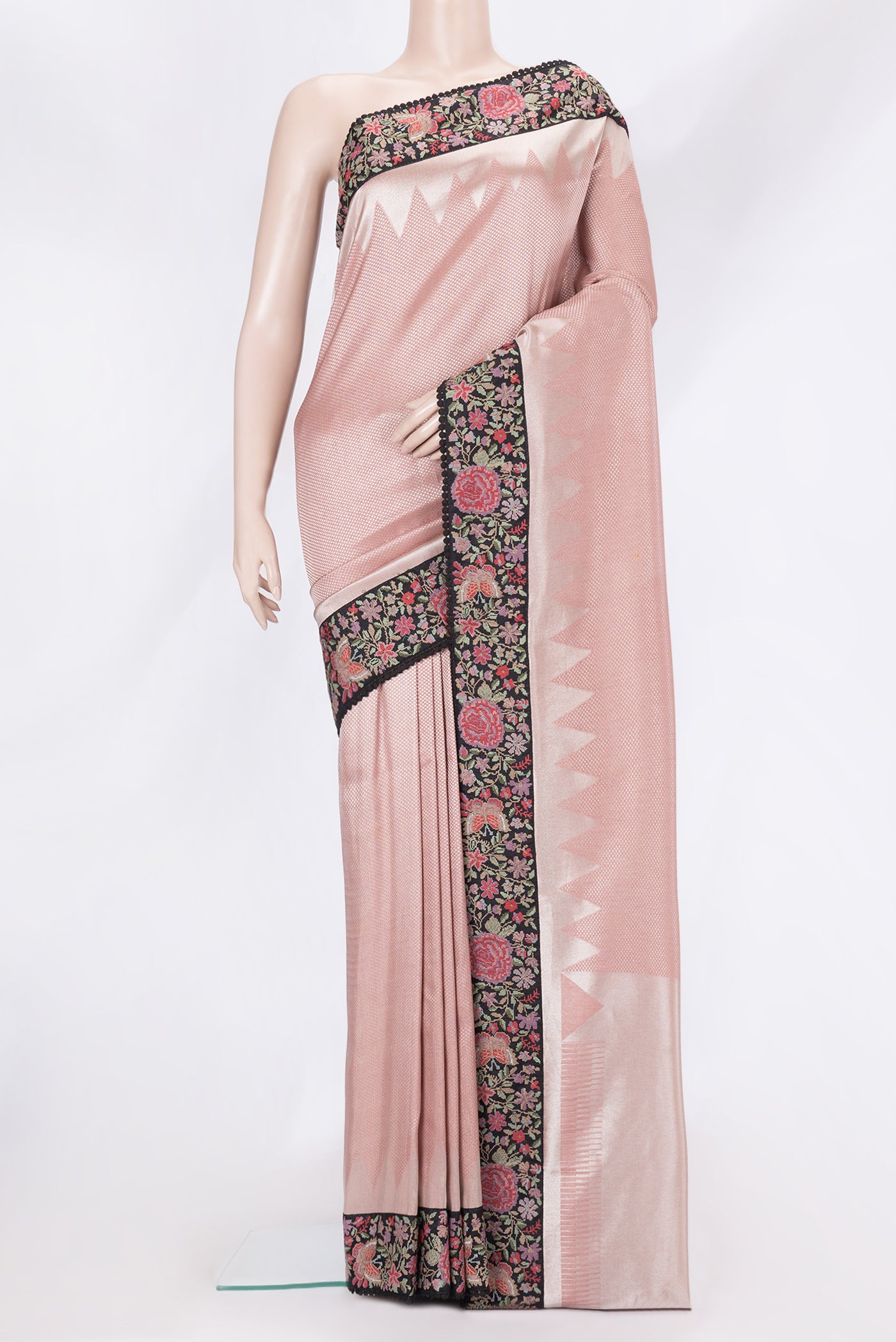 Pink Dual Tone Banarasi Silk Saree with Zari Brocade on the body and Embroidery Border.  displayed on a mannequin