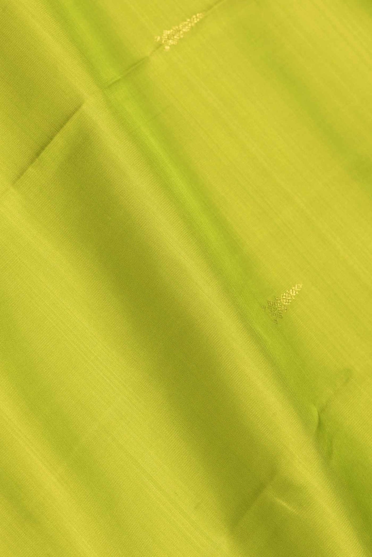 Close up of Parrot Green Dual Tone Kanjivaram Saree with Zari Butta on the body and Zari Border.  displaying folds