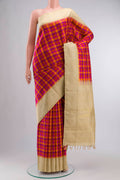 Multicolor Kanchipuram Silk Saree Checked design on the body and Zari Border displayed on a mannequin