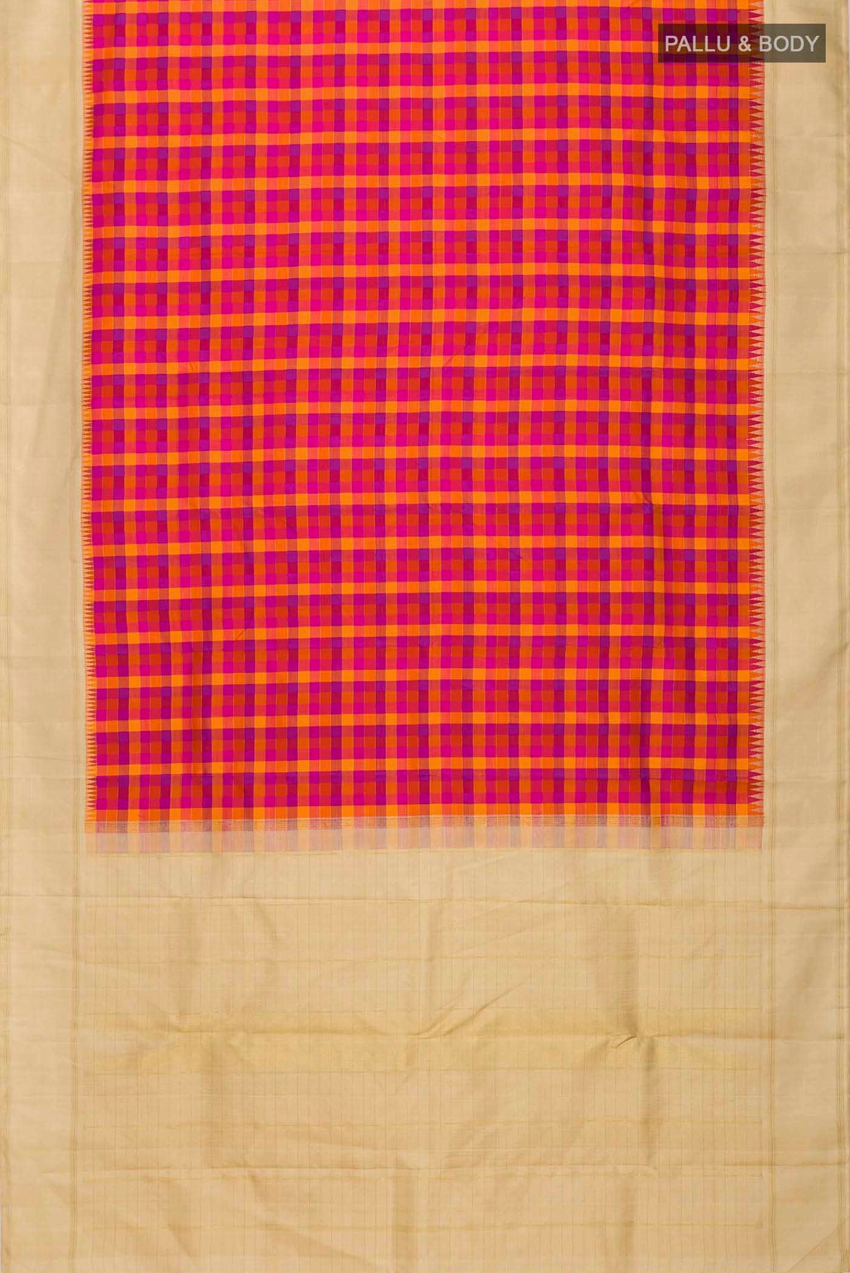 Flat view of Multicolor Kanchipuram Silk Saree Checked design on the body and Zari Border