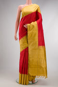 Pure Silk Pure Zari Red Dual Tone Kanchipuram Saree with Stripes on the body and Zari Border.  displayed on a mannequin