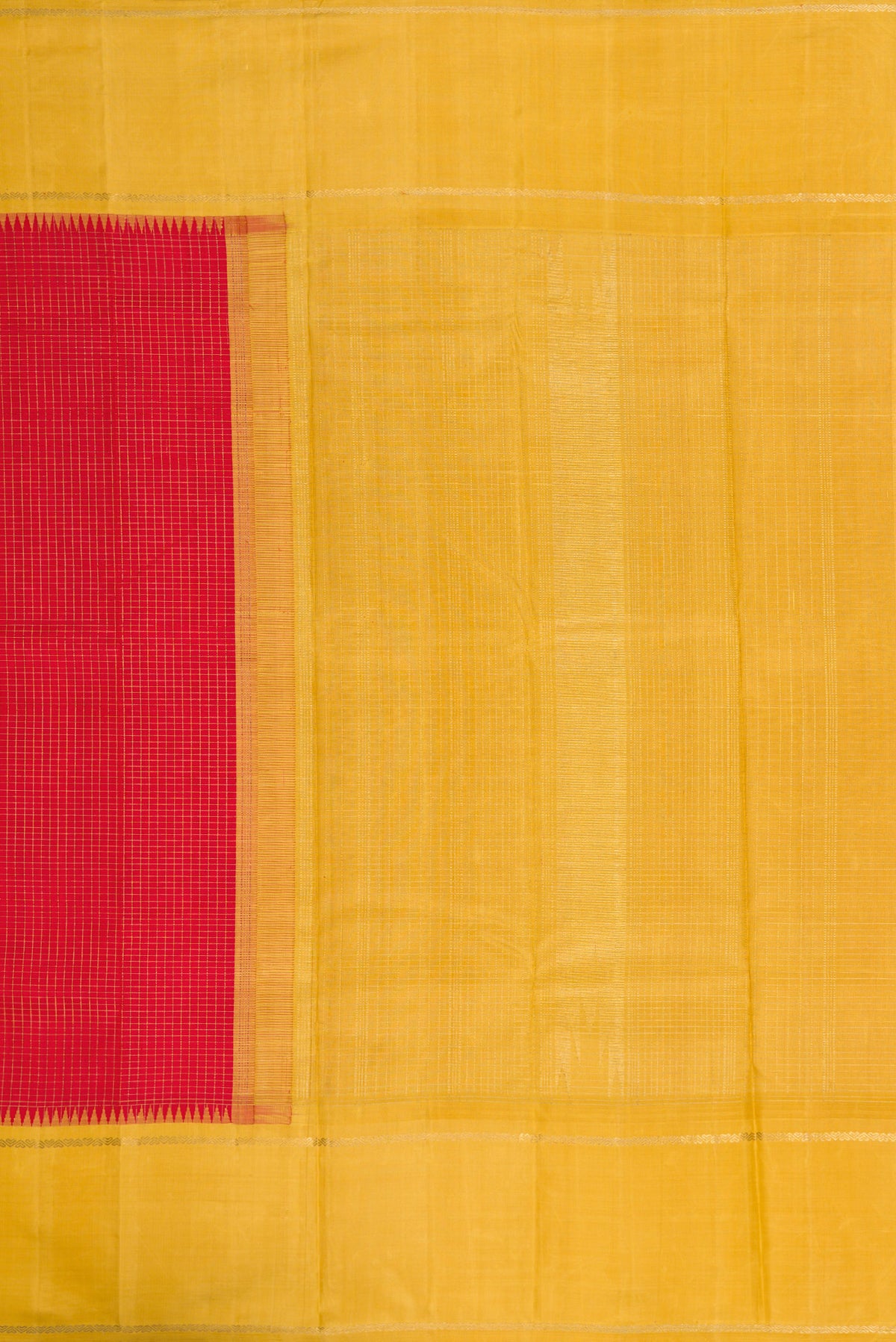 Close up image of the pallu of Pure Silk Pure Zari Red Dual Tone Kanchipuram Saree with Stripes on the body and Zari Border. 