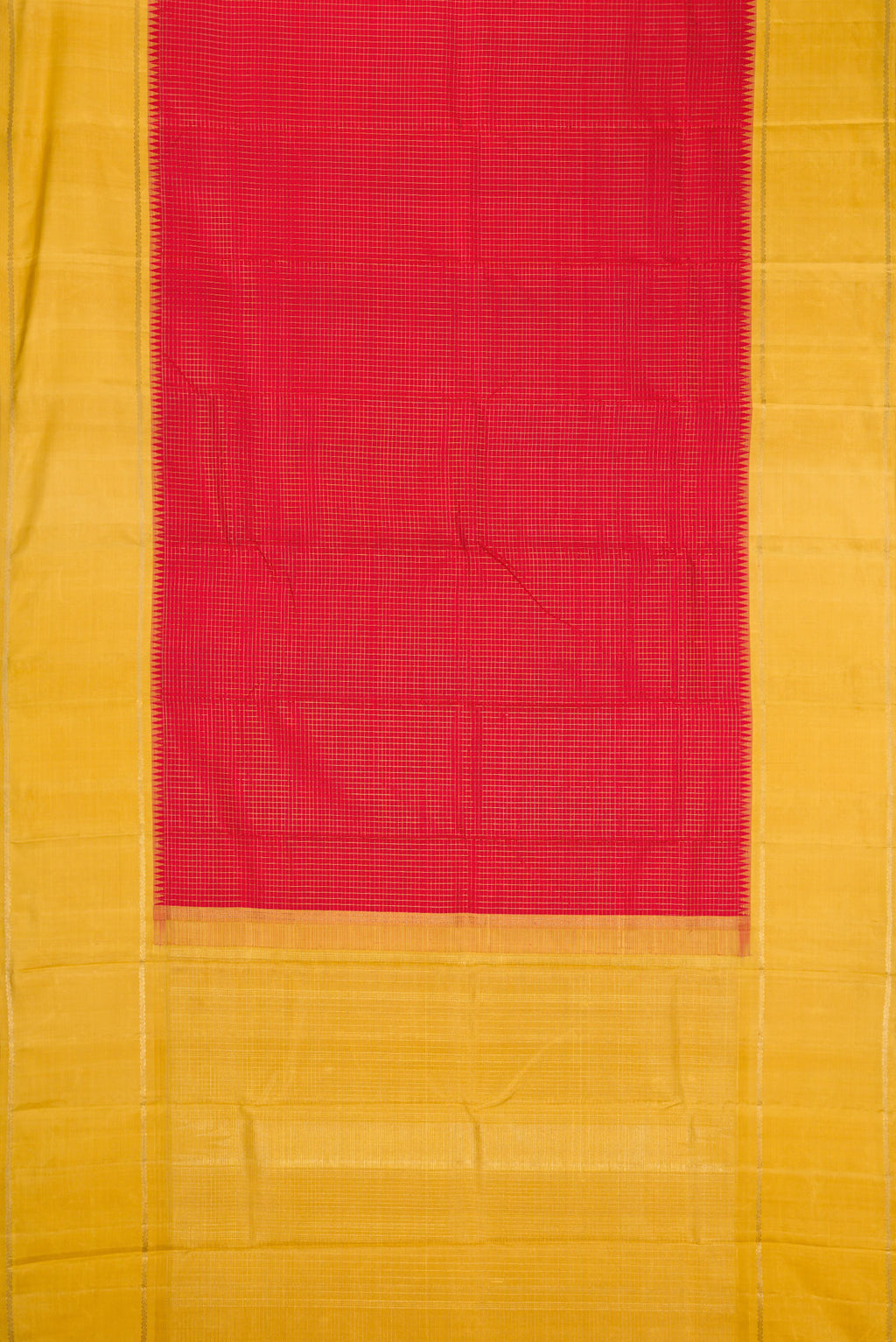 Flat view of Pure Silk Pure Zari Red Dual Tone Kanchipuram Saree with Stripes on the body and Zari Border. 