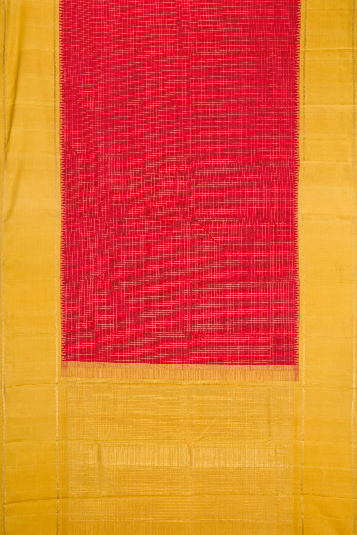 Flat view of Pure Silk Pure Zari Red Dual Tone Kanchipuram Saree with Stripes on the body and Zari Border. 