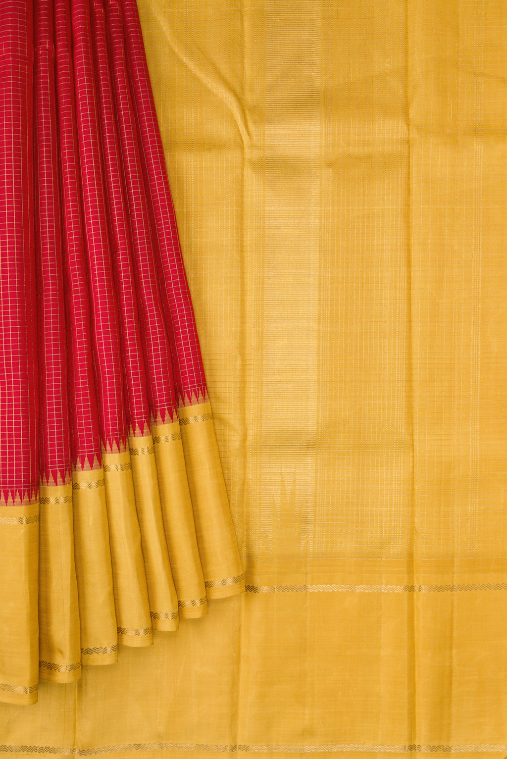 Pleats and pallu of Pure Silk Pure Zari Red Dual Tone Kanchipuram Saree with Stripes on the body and Zari Border. 