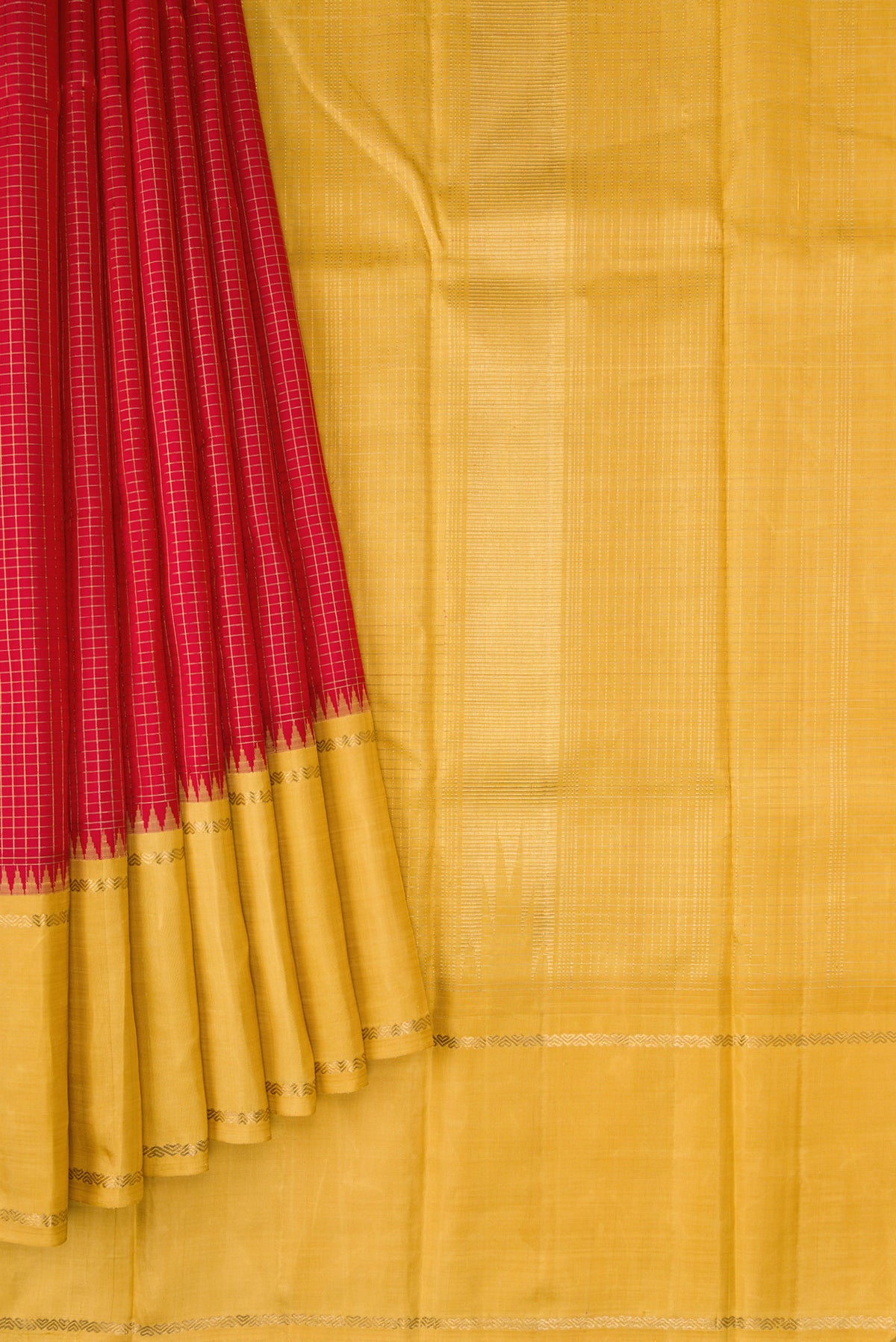 Pleats and pallu of Pure Silk Pure Zari Red Dual Tone Kanchipuram Saree with Stripes on the body and Zari Border. 
