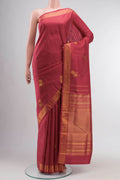 Red Kanchipuram Silk Saree with Zari Butta on the body and Zari Border displayed on a mannequin