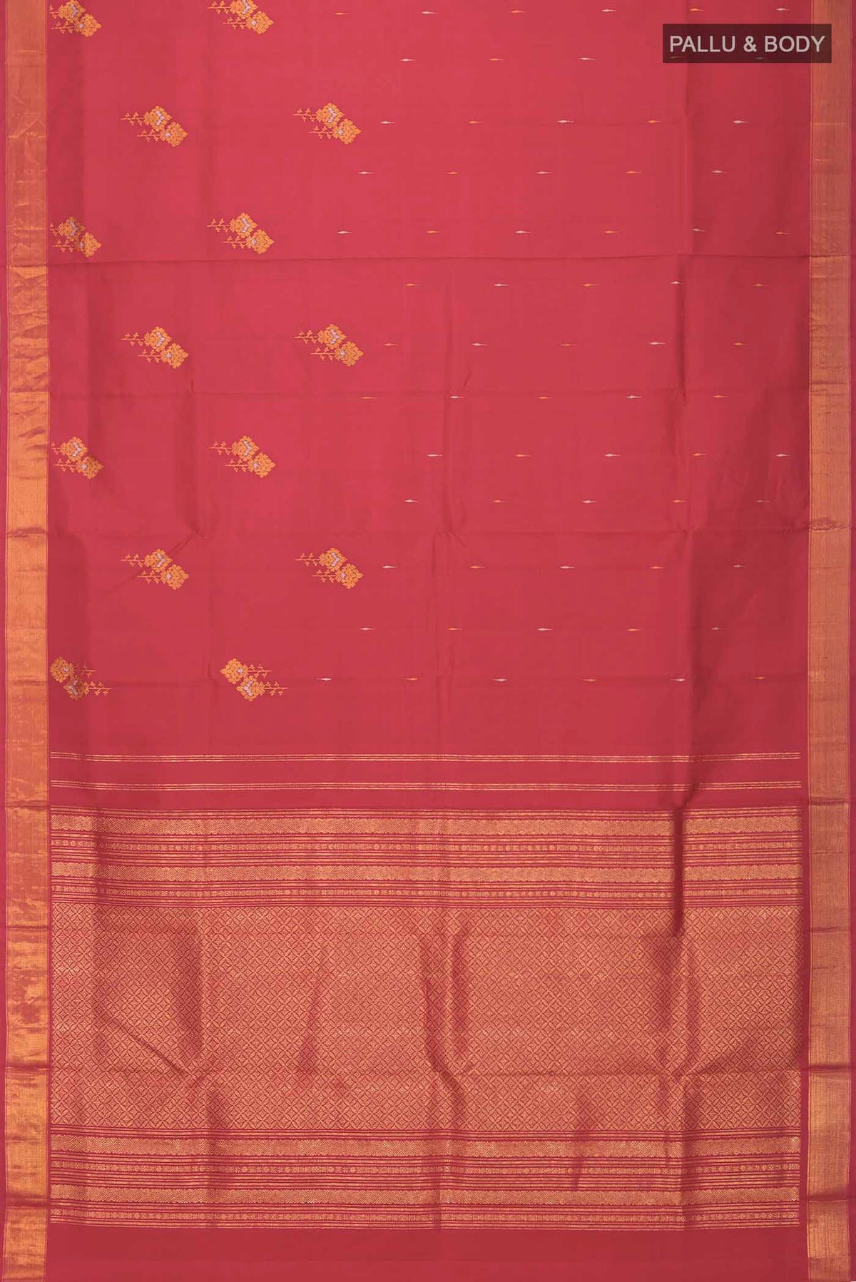 Flat view of Red Kanchipuram Silk Saree with Zari Butta on the body and Zari Border
