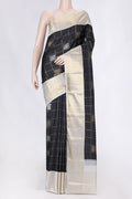 Pure Silk Pure Zari Black Dual Tone Kanchipuram Saree with Checked design on the body and Zari Border displayed on a mannequin
