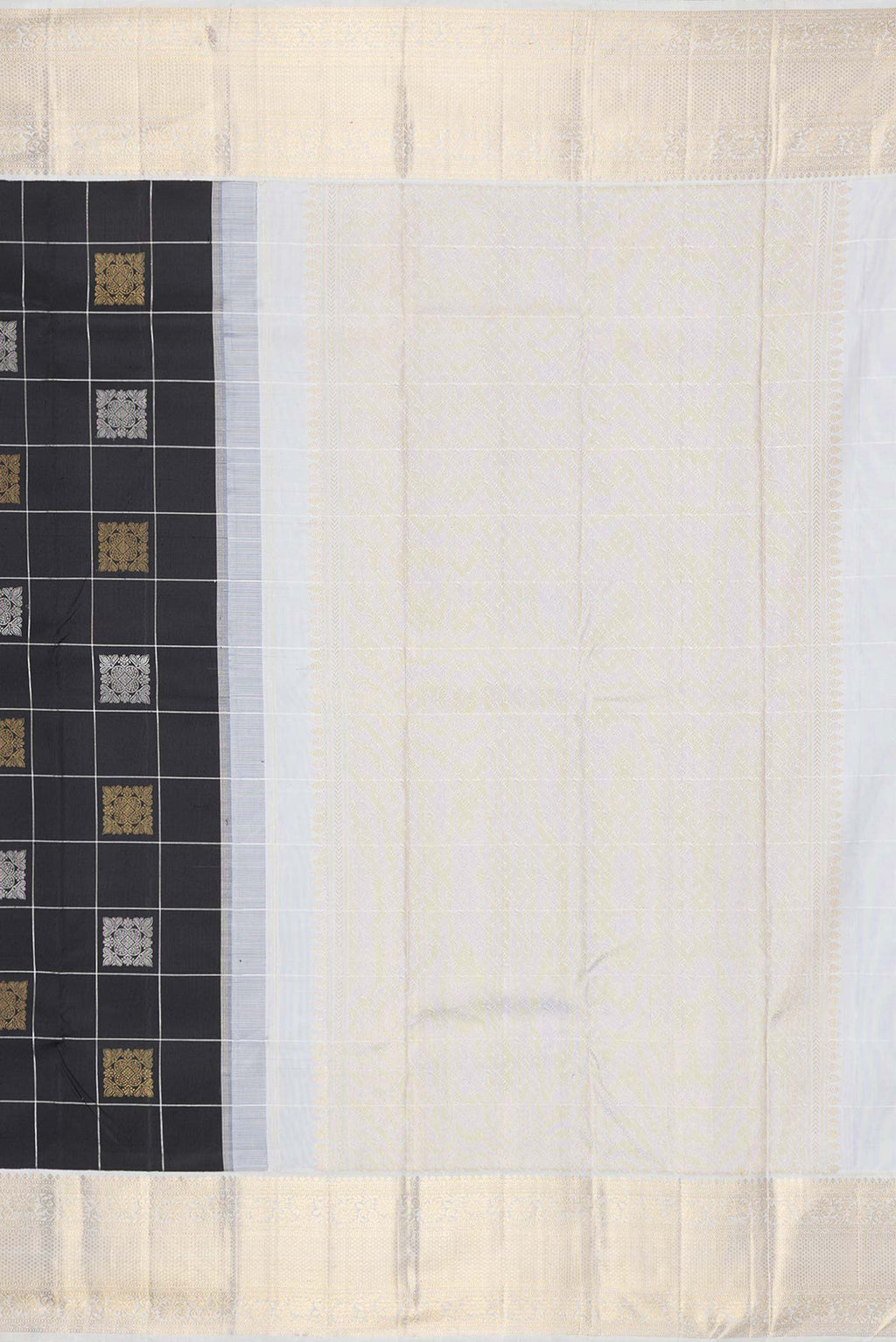 Close up image of the pallu of Pure Silk Pure Zari Black Dual Tone Kanchipuram Saree with Checked design on the body and Zari Border