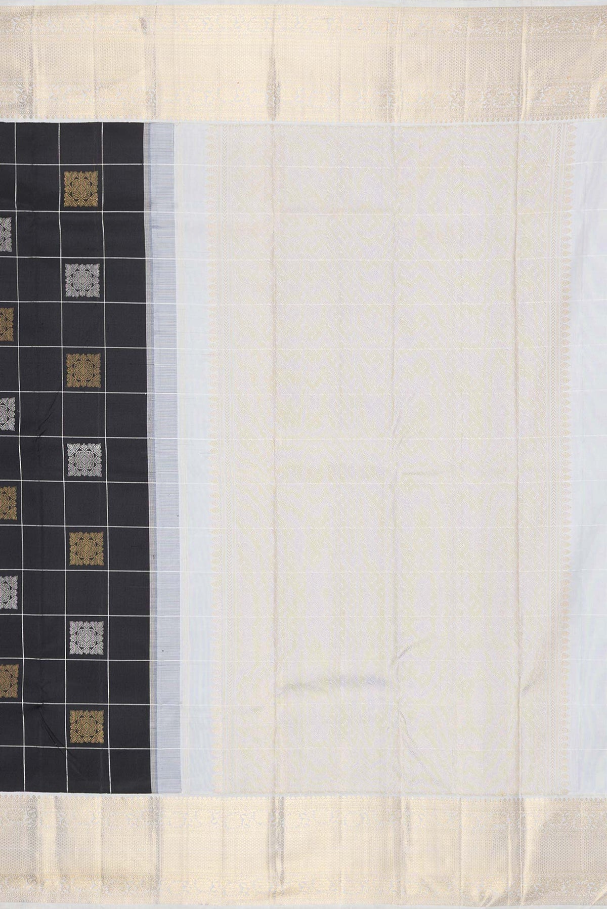 Close up image of the pallu of Pure Silk Pure Zari Black Dual Tone Kanchipuram Saree with Checked design on the body and Zari Border