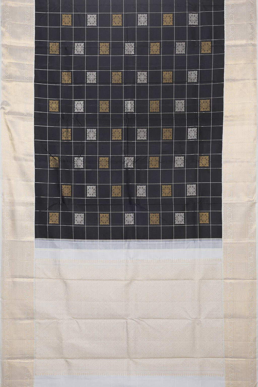Flat view of Pure Silk Pure Zari Black Dual Tone Kanchipuram Saree with Checked design on the body and Zari Border
