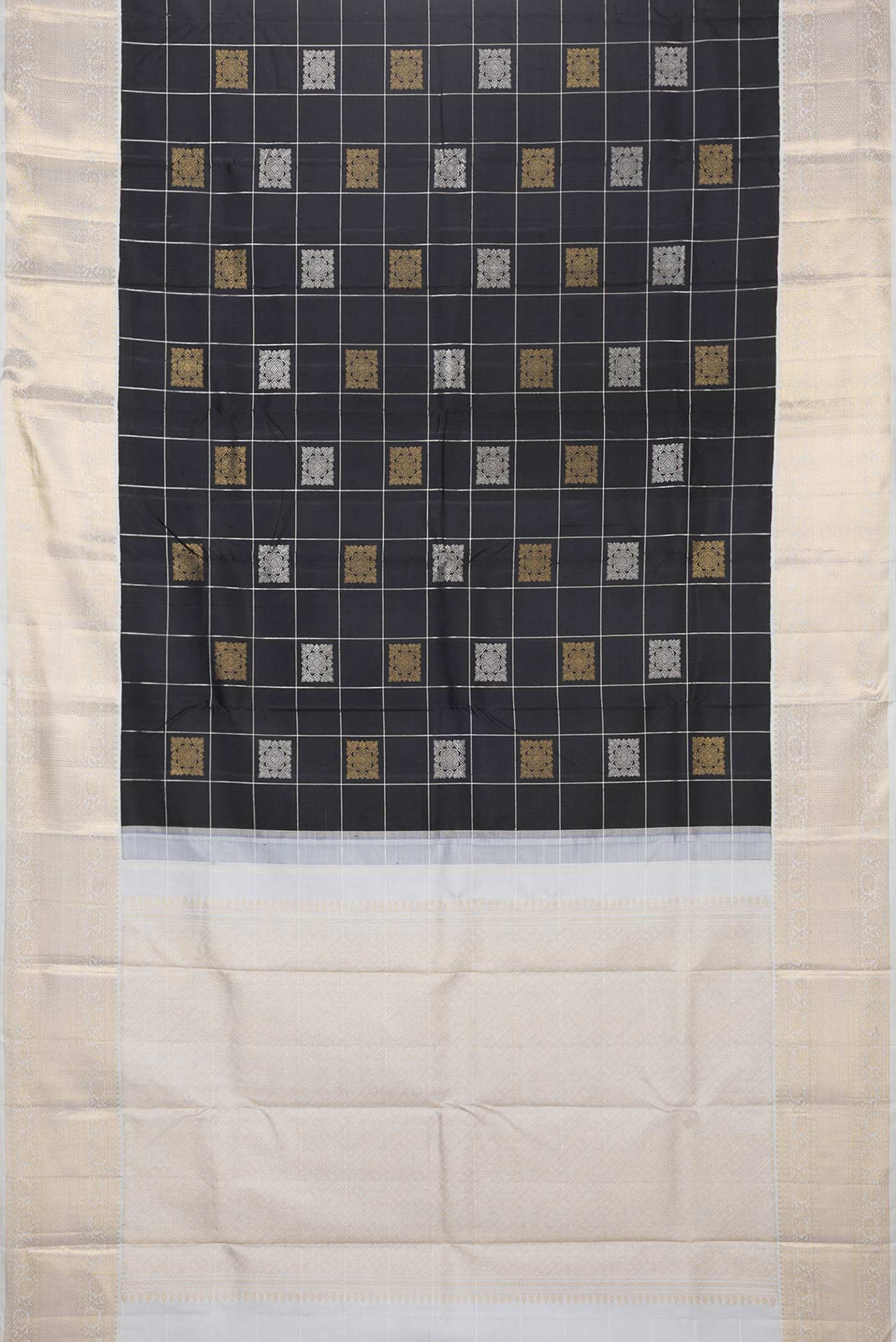 Flat view of Pure Silk Pure Zari Black Dual Tone Kanchipuram Saree with Checked design on the body and Zari Border