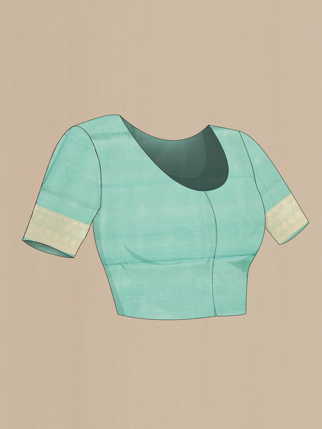Close up image of the blouse of Sea Green Dual Tone Soft Silk Saree with Zari Brocade on the body and Zari Border. 
