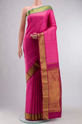Pink Kanchipuram Silk Saree with Stripes on the body and Zari Border displayed on a mannequin
