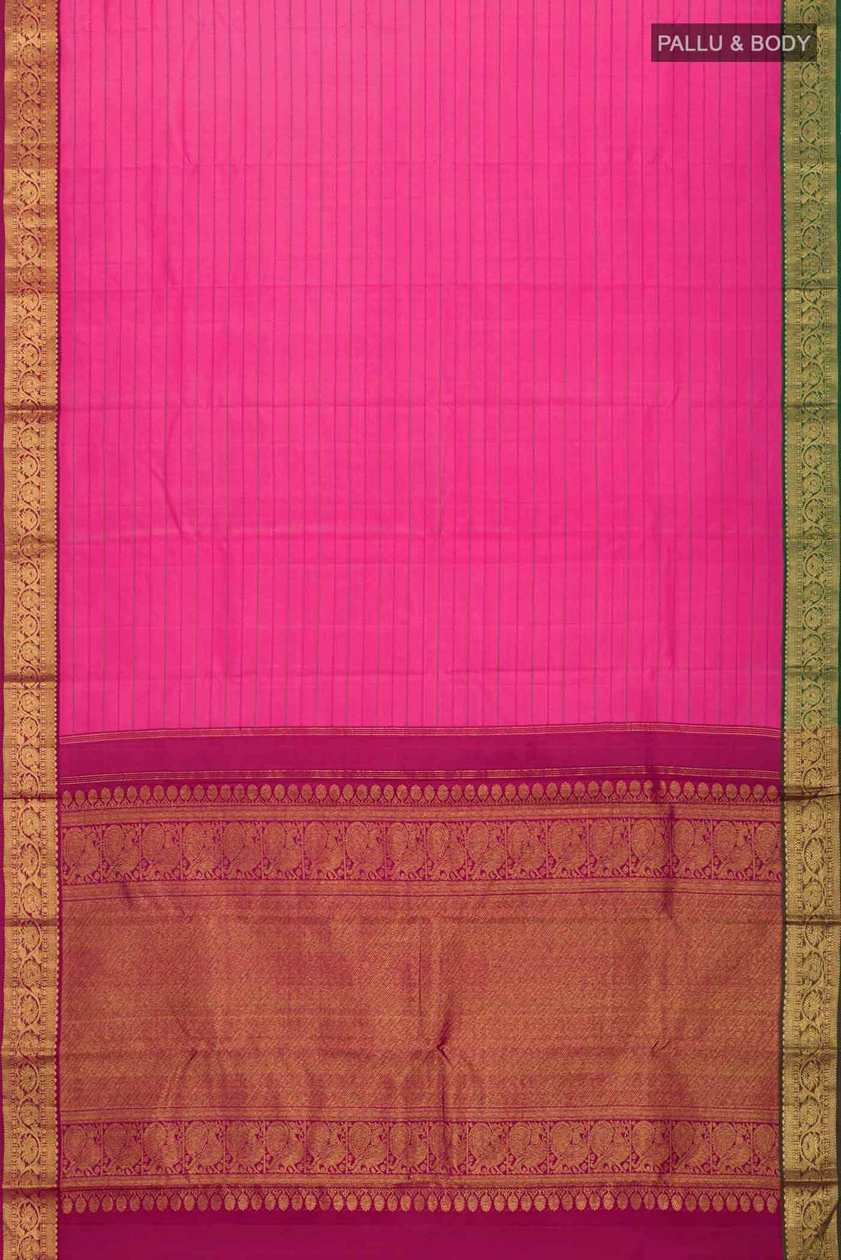 Flat view of Pink Kanchipuram Silk Saree with Stripes on the body and Zari Border