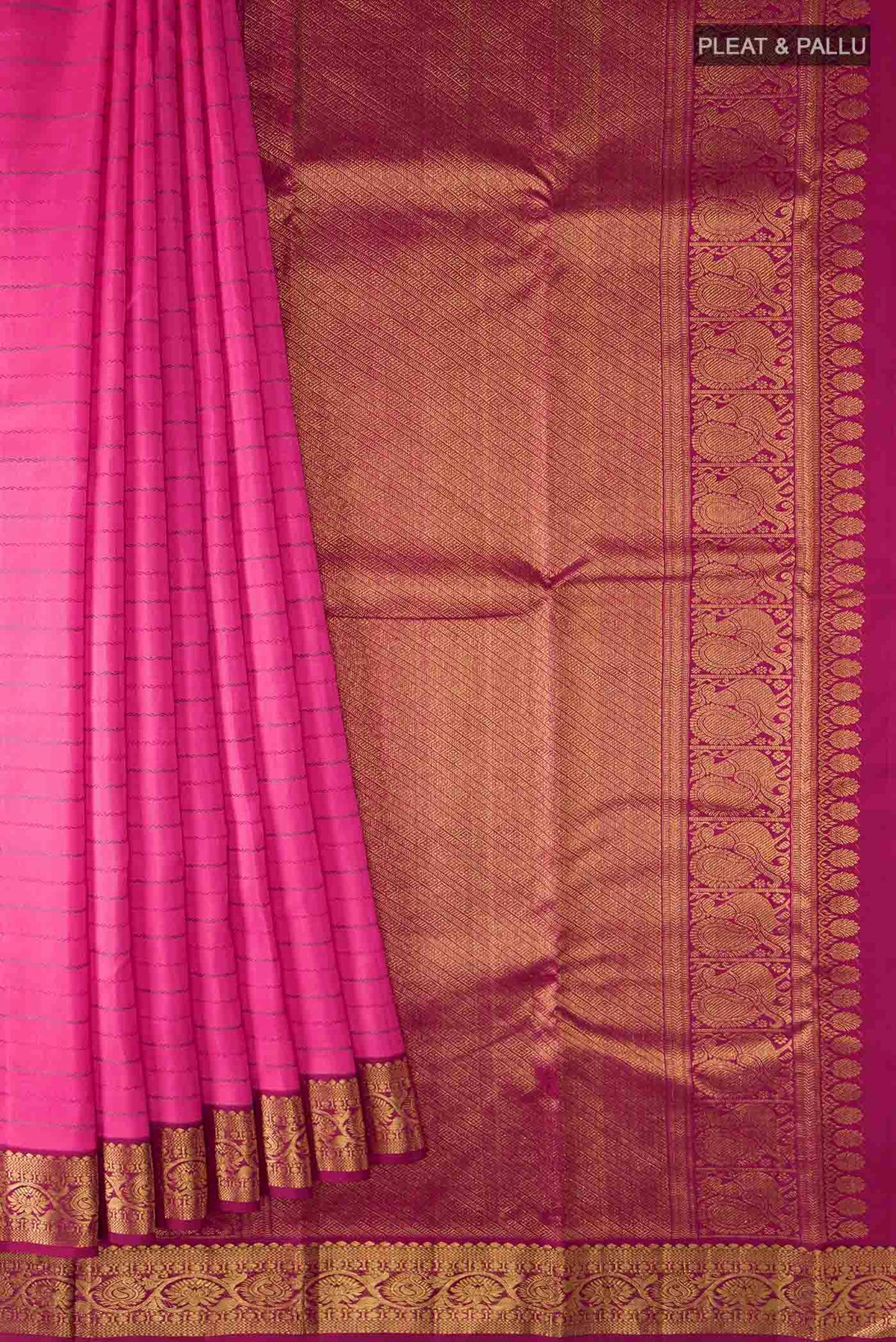 Pleats and pallu of Pink Kanchipuram Silk Saree with Stripes on the body and Zari Border