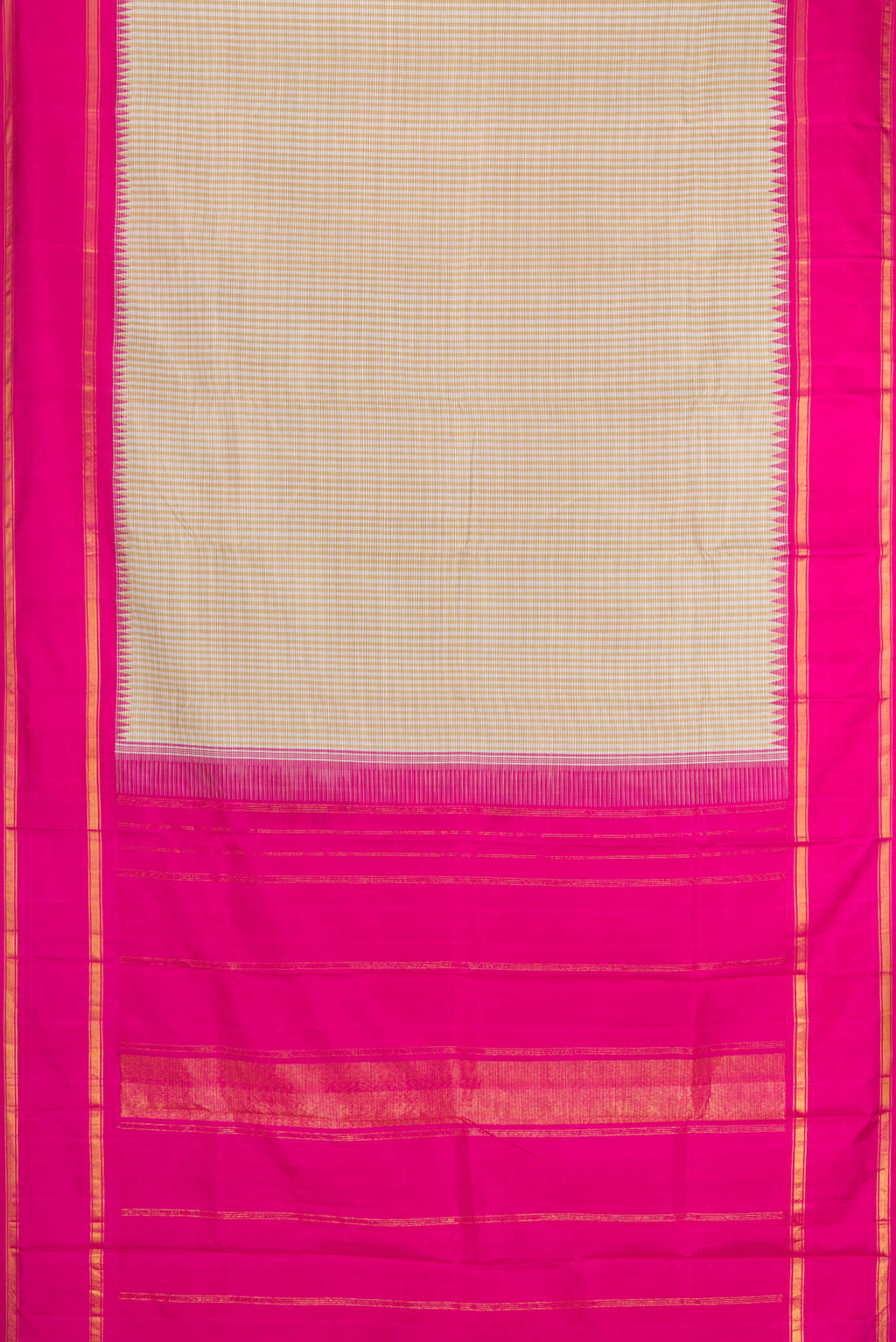 Flat view of Beige Kanchipuram Silk Saree with Checked design on the body and Zari Border. 