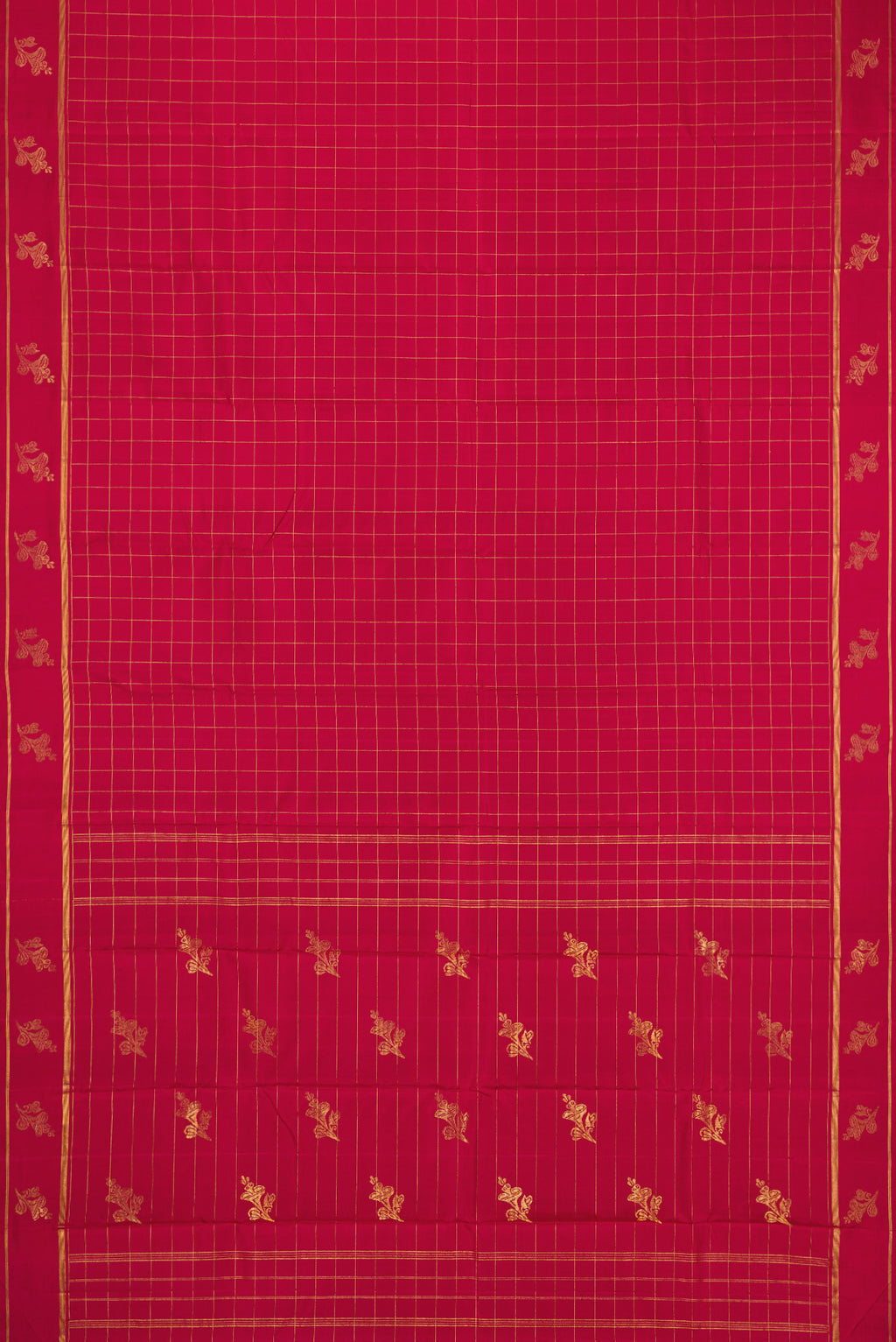 Flat view of Maroon Kanchipuram Silk Saree with Checked design on the body and Fancy Border. 