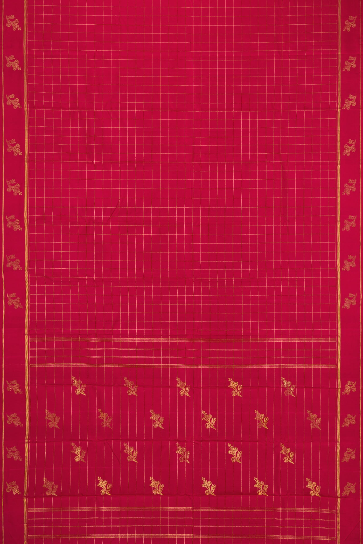 Flat view of Maroon Kanchipuram Silk Saree with Checked design on the body and Fancy Border. 