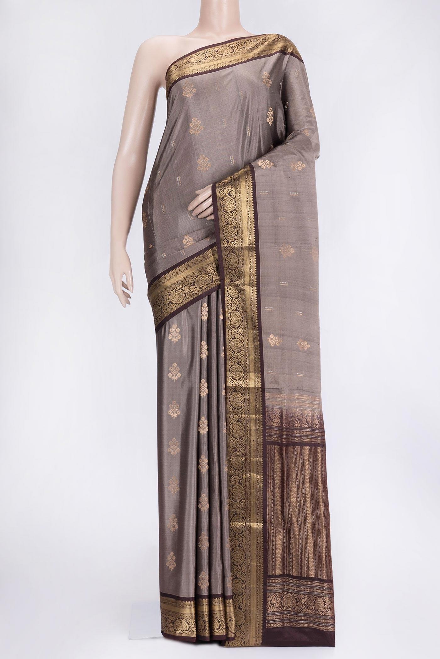 Grey Dual Tone Soft Silk Saree with Zari Butta on the body and Zari Border.  displayed on a mannequin