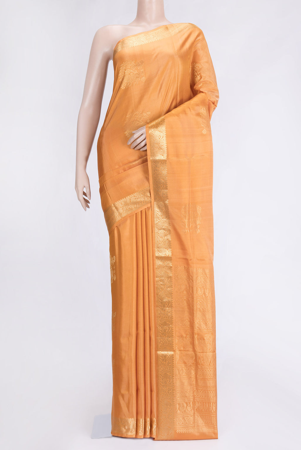 Sandal Dual Tone Soft Silk Saree with Zari Butta on the body and Zari Border.  displayed on a mannequin