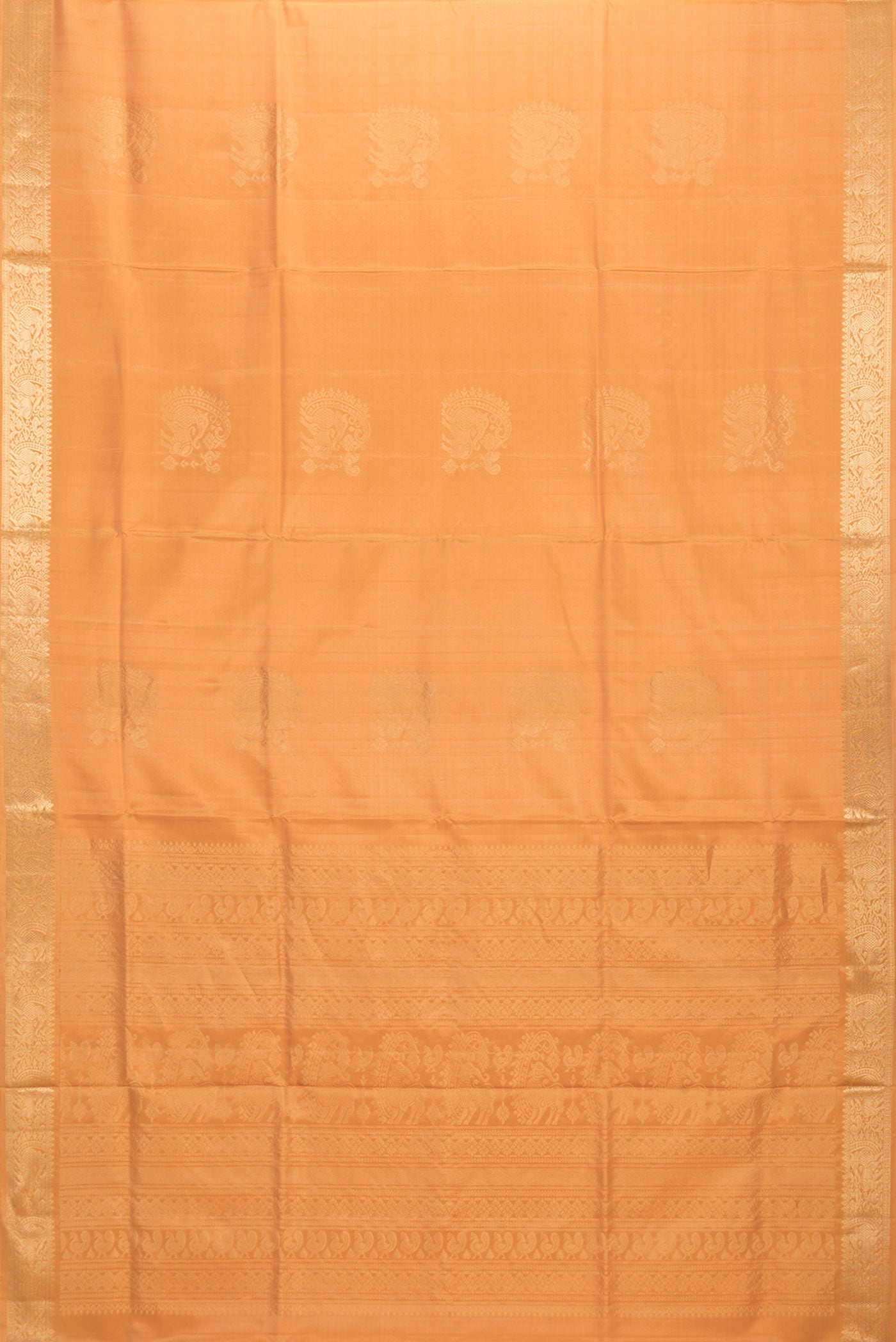 Flat view of Sandal Dual Tone Soft Silk Saree with Zari Butta on the body and Zari Border. 