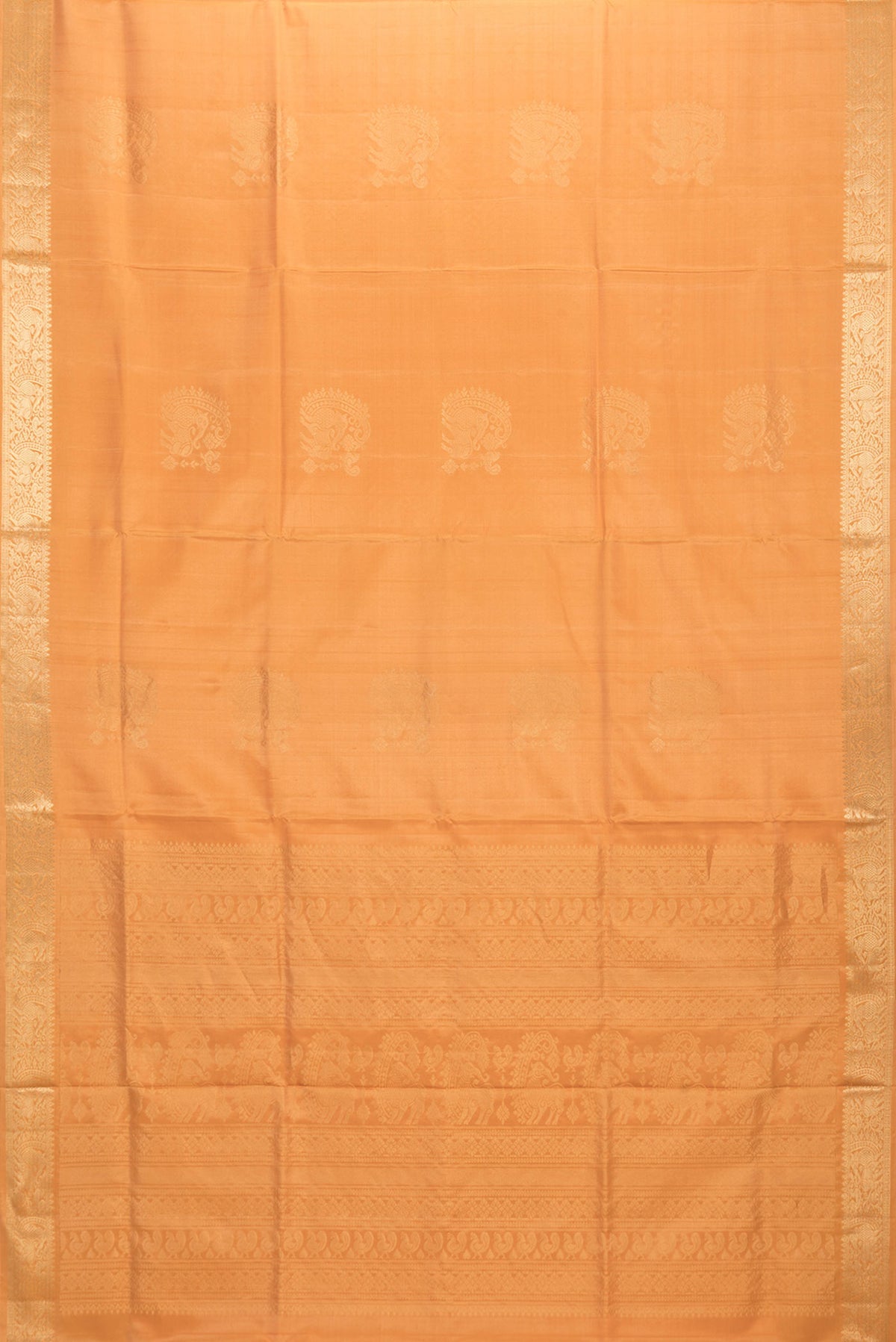 Flat view of Sandal Dual Tone Soft Silk Saree with Zari Butta on the body and Zari Border. 