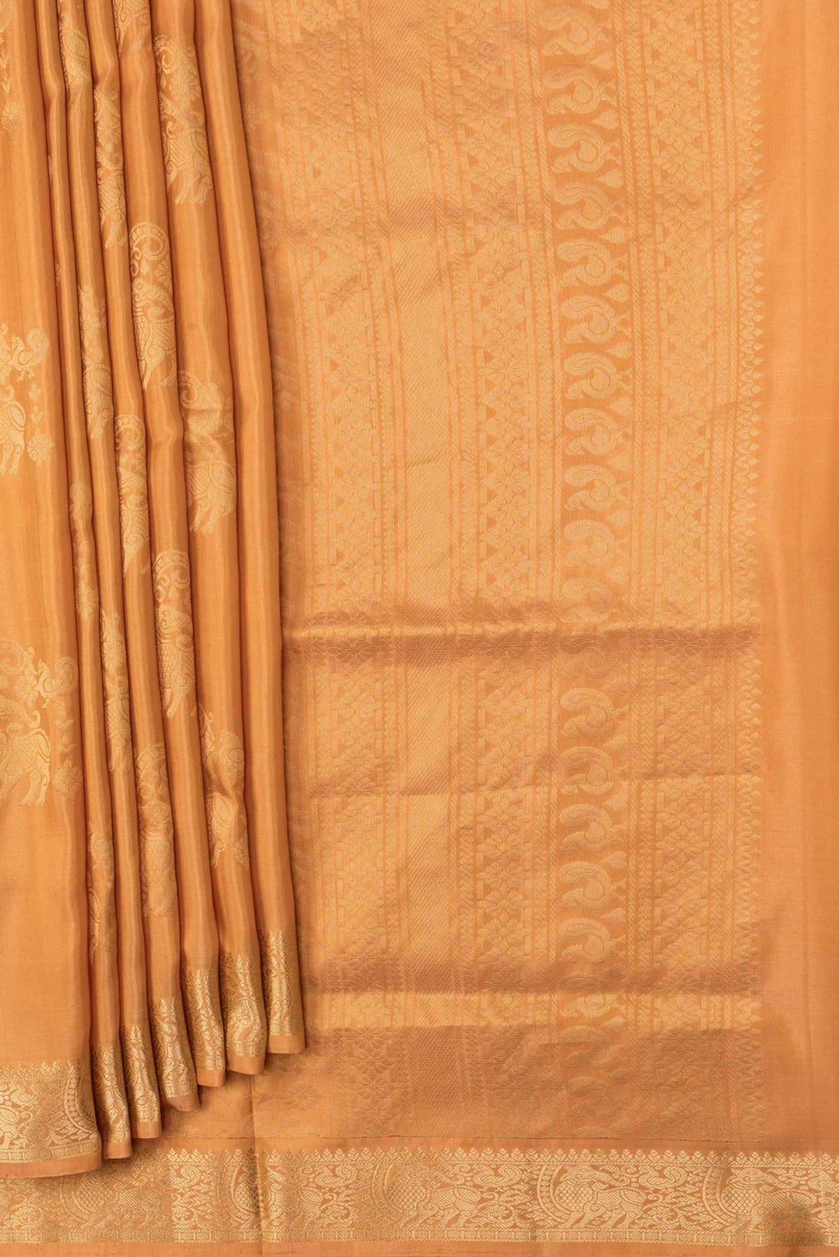 Pleats and pallu of Sandal Dual Tone Soft Silk Saree with Zari Butta on the body and Zari Border. 