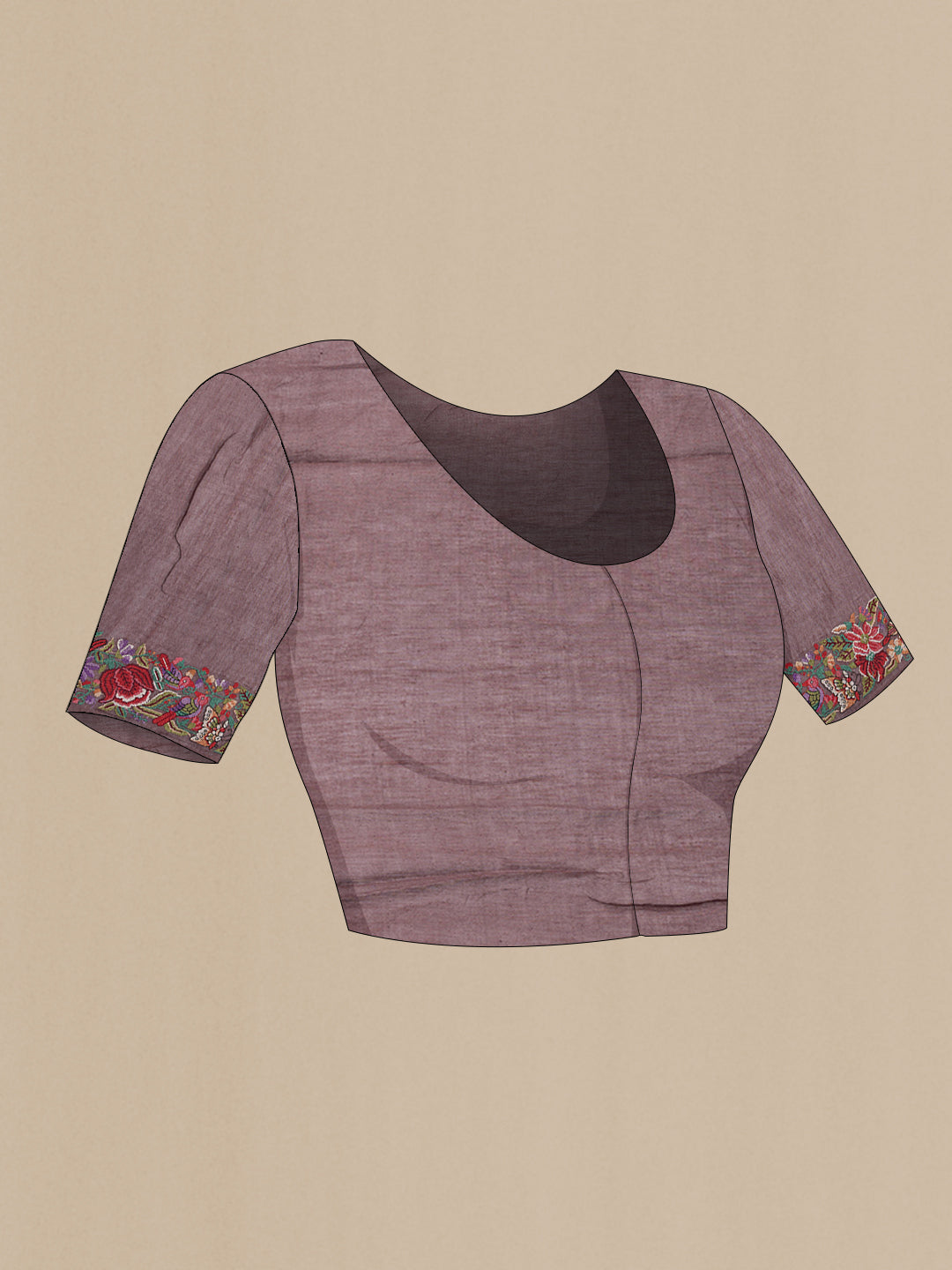 Close up image of the blouse of Brown Dual Tone Tussar Silk Saree with Stripes on the body and Embroidery Border. 