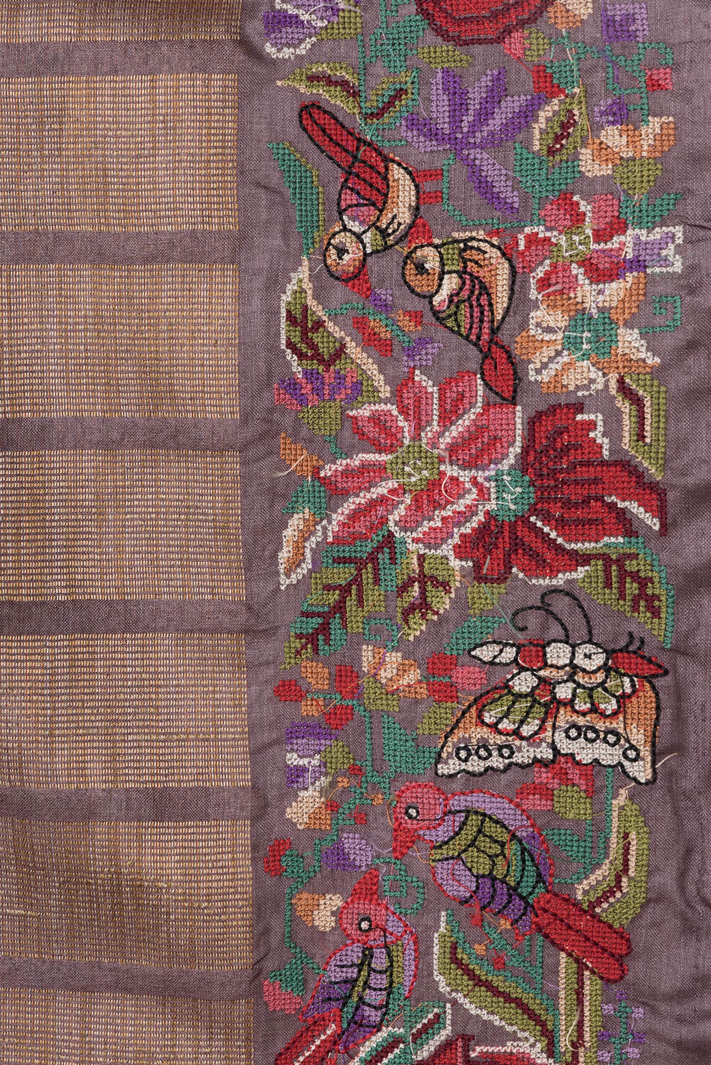 Border image of Brown Dual Tone Tussar Silk Saree with Stripes on the body and Embroidery Border. 