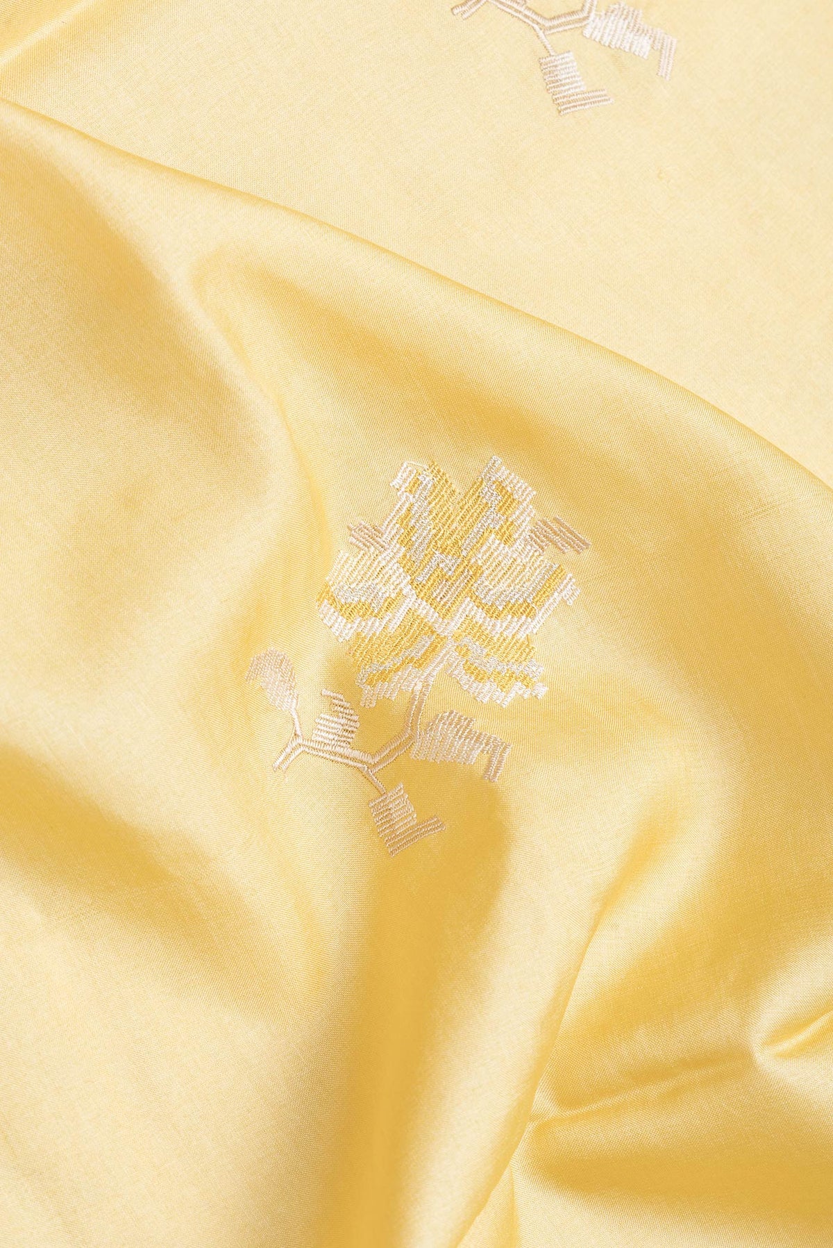 Close up of Sandal Dual Tone Tussar Silk Saree with Embroidery on the body and Embroidery Border.  displaying folds