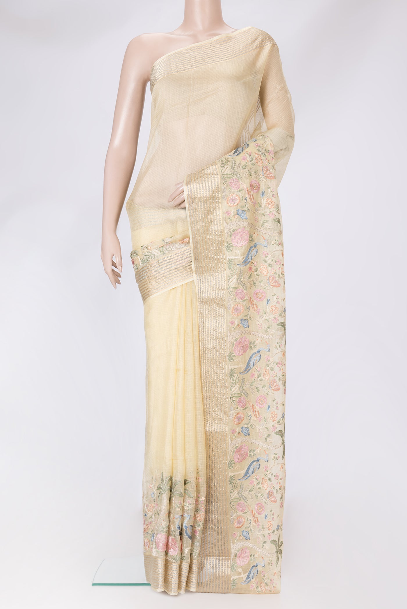 Beige Dual Tone Kota Silk Saree with Checked design on the body and Embroidery Border.  displayed on a mannequin