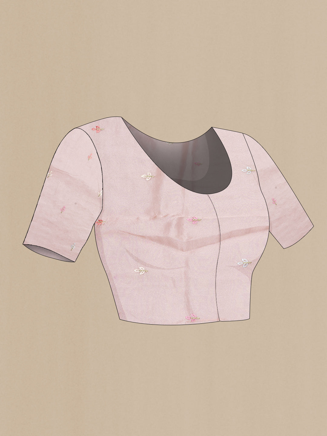 Close up image of the blouse of Rose pink Tussar Silk Saree with Stripes on the body and Embroidery Border. 